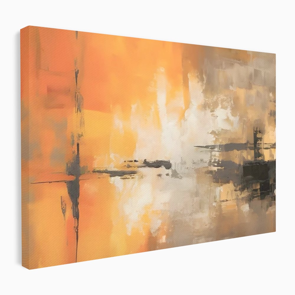 Tablou canvas cu pictura abstracta cu forme portocalii si negre, fara rama, pe sasiu de lemn